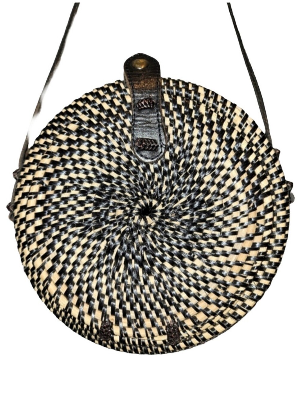 Handmade Bali Round Rattan Bag Black & Tan Woven Crossbody Snap Closure Bohochic